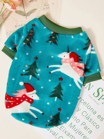 PETSIN 1pc Pet Cat Dog Universal Cute Green Unicorn Pattern Printed Plush Warm Elastic Comfortable Dog Round Neck Hoodie