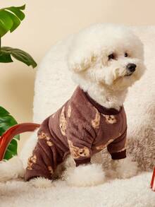 PETSIN 1pc Pet Cat Dog Universal Brown Teddy Bear Pattern Print Cute And Fashionable Autumn And Winter Plush Warm And Comfortable Round Neck Dog Jumpsuit