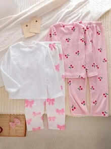4pcs Girls Cute Pattern Comfortable Fleece Pajama Set Including Long Pants And Long Sleeve Top, Autumn/Winter - Pink - View 2