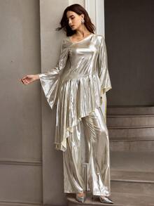 ZEYLAH 金属喇叭袖不对称荷叶边下摆上衣和裤子 - 銀色 - 查看 6