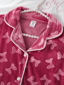 2 件套可爱天鹅绒蝴蝶结花卉印花长袖开衫和裤子舒适女孩休闲家居服 - 彩色 - 查看 7