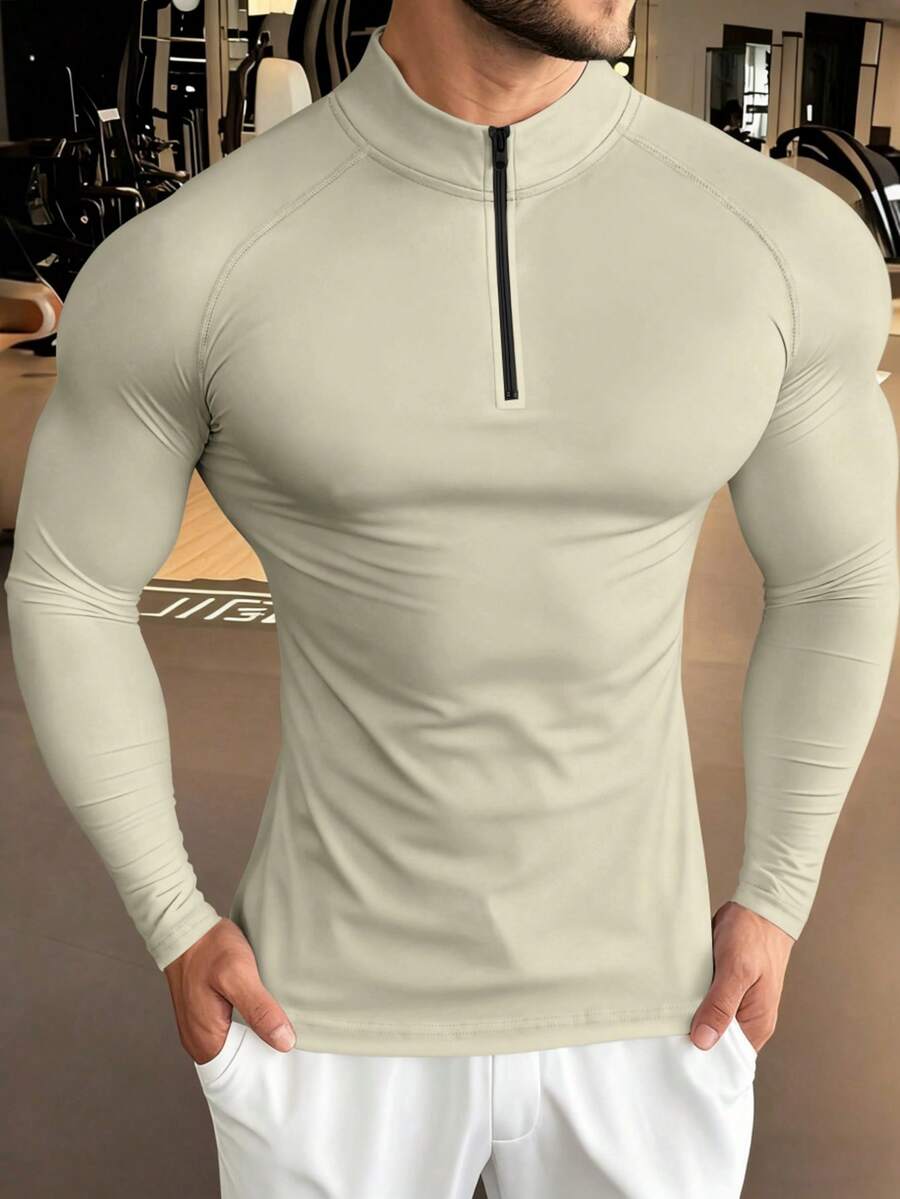 Manfinity Sport PWRUP Men's Solid Color Stand Collar Tight Fit Half Zip Long Sleeve Athletic T-Shirt Men Dry Fit Shirt Tight Gym Shirt Long Sleeve Gym Tops - Apricot - View 1