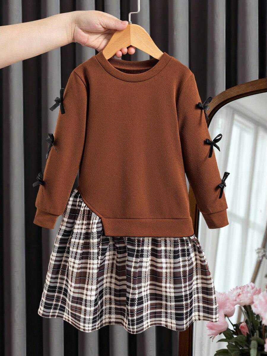 SHEIN 年轻女孩时尚拼色领结拼布连衣裙 - 棕色 - 查看 1