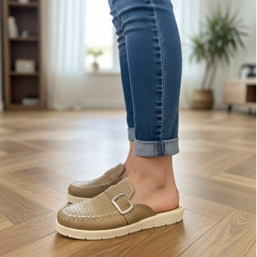 Zapatos de mujer en piel de res cómodos tejidos a mano - Caqui - Ver 1