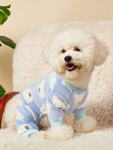 PETSIN 1pc Pet Cat Dog Universal Blue Bear Pattern Printed Cute Fashion Autumn/Winter Plush Warm And Comfortable Round Neck Dog Jumpsuit
