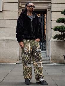 GALLERY FADE 男士长袖仿毛皮连帽拉链外套，优雅外套，适合约会、拍照、休闲穿着，秋冬季款 - 黑色 - 查看 3