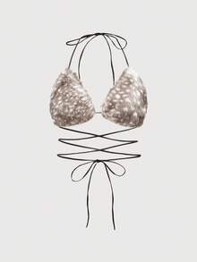 Fairycore Y2K Sexy Deer Spot Print Fluffy Bikini Top For Women - Khaki - View 1
