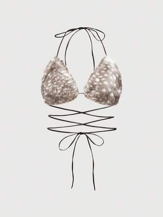 Fairycore Top de bikini esponjoso con estampado de lunares de ciervo Y2K para mujeres