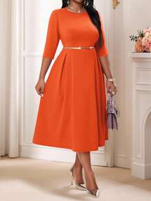 SHEIN Lady Váy dạ hội hóa trang cỡ lớn màu tím thanh lịch cho mùa hè và mùa đông, cổ tròn, tay dài bồng bềnh, cỡ lớn, váy dài tay màu trắng, quần áo ngày lễ tình nhân, ngày lễ tình nhân cho ngày lễ tình nhân - trái cam - Xem 3