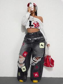 ROMWE Street Life Spring/Summer Y2K Casual Street Style Embroidered Pocket Design Dual Waistband Plus Size Loose Fit Denim Jeans - Black - View 2