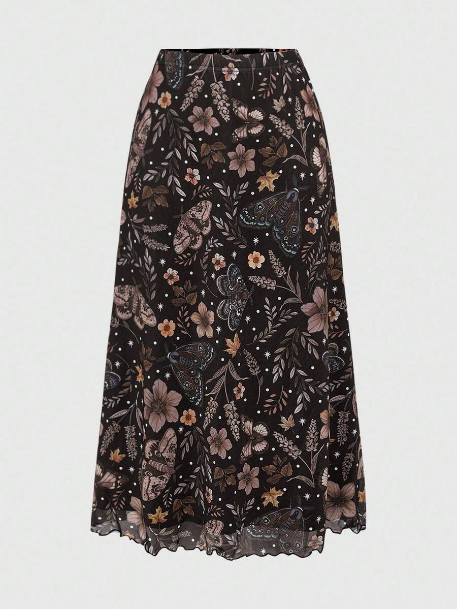 ROMWE Fairycore 女士复古仙女蝴蝶与飞蛾花卉印花百搭百搭半身裙 - 棕色 - 查看 1