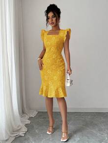 Elenzga Váy đi làm Jacquard thanh lịch, mùa hè - Màu vàng - Xem 3