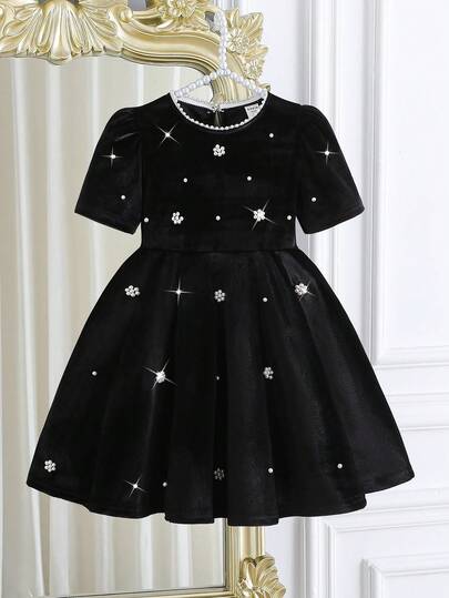 Elladie kids 年轻女孩勃艮第天鹅绒泡泡短袖A字珍珠缀饰连衣裙，珍珠圆领水滴扣，复古宫廷风，优雅大方，适合圣诞派对，春秋季