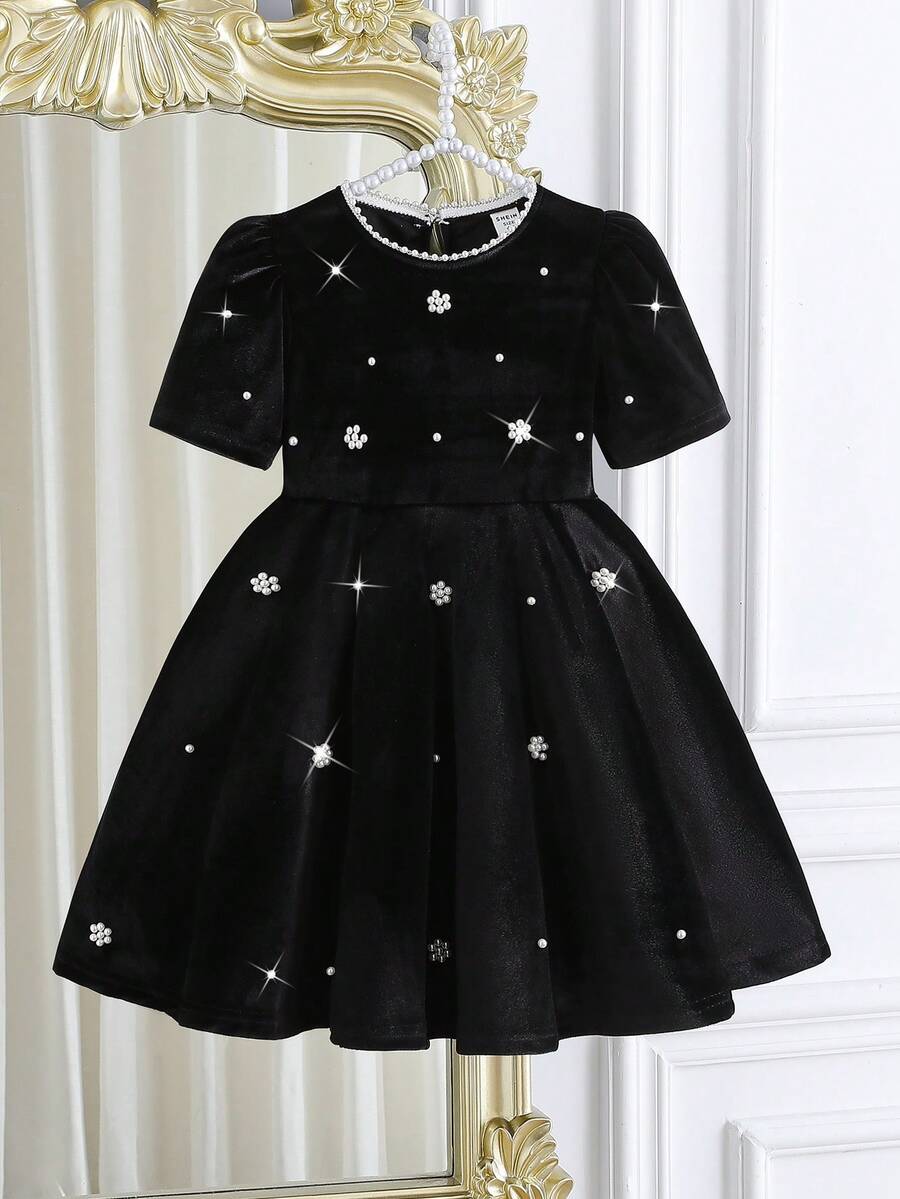 Elladie kids Young Girls Burgundy Velvet Bubble Short Sleeve A-Line Pearl Embellished Dress, Pearl Round Neck Droplet Button, Retro Palace Style, Elegant, Suitable For Christmas Party, Spring/Autumn - Black - View 1