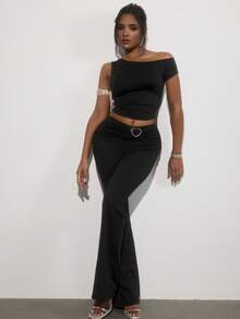 INAWLY Conjunto de blusa e calça flare de gola assimétrica de cor sólida para mulheres