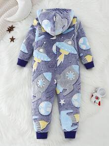 SHEIN Playful Pals 小男孩可爱恐龙印花羊毛拉链连帽连体裤，温暖舒适的休闲家居服，秋冬 - 彩色 - 查看 2