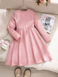 Elladie kids 少女甜美可爱圆领长袖简约粉色休闲连衣裙 - 粉色 - 查看 2