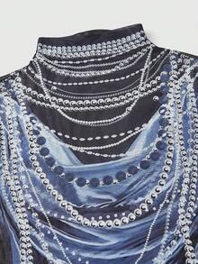 ROMWE Avant Sheer Mesh Pearl Chain Print Sexy Crop Top - Black - View 3