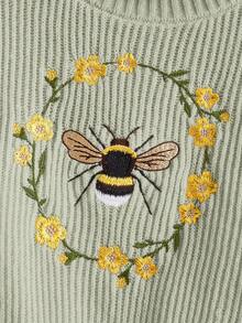 ROMWE Fairycore Women's Embroidered Decor Long Sleeve Casual Sweater - Green - View 2