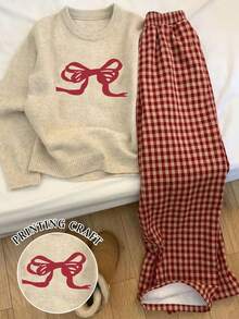 EMERY ROSE Plus Size Casual Bow Jacquard Knit Sweater, Autumn/Winter - Multicolor - View 1