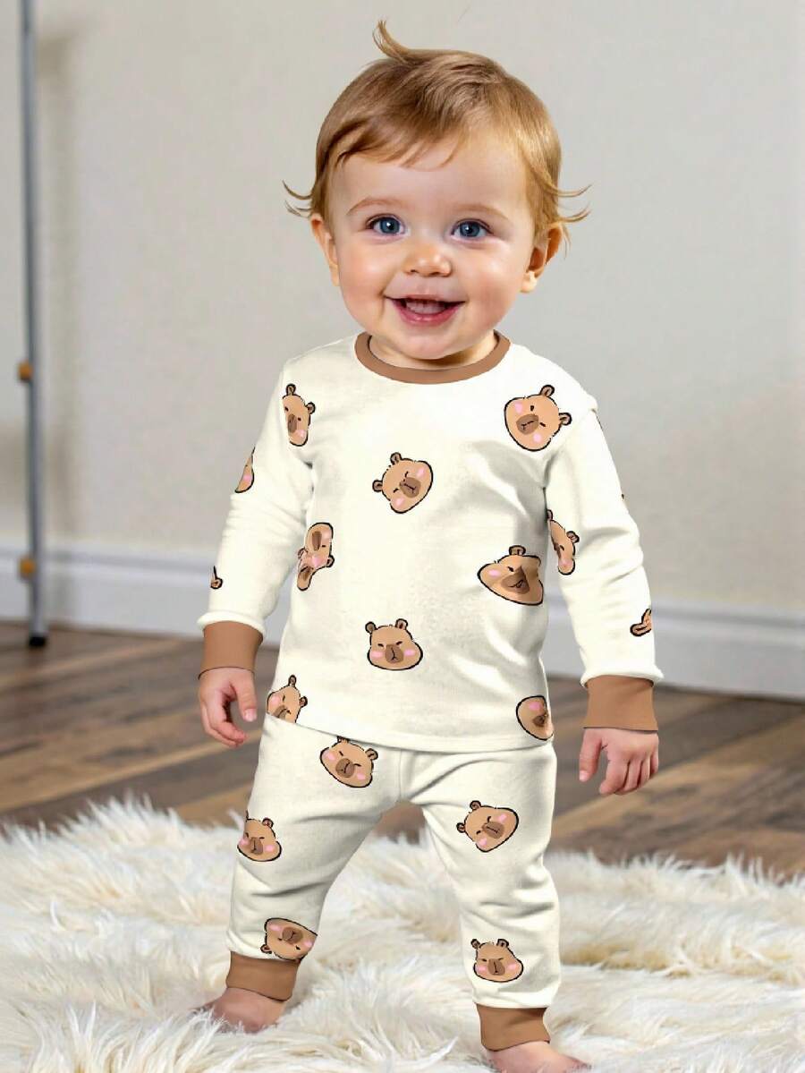 SHEIN Happikins Baby Boy Casual Cute Animal & Capybara Cartoon Print Snug Fit Round Neck Comfortable Long Sleeve Top And Pants Pajama Set, Suitable For Autumn/Winter - Multicolor - View 1