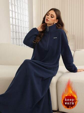 Mulvari Vestido Solto de Inverno Feminino com Gola Alta Meia-Zíper Azul Marinho