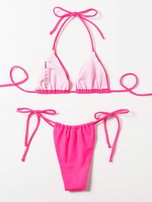 SHEIN Swim 素色比基尼套裝吊脖三角形微型三角文胸和丁字褲下裝2入組泳衣 - 玫紅色 - 查看 7