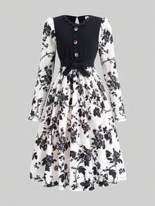 SHEIN 少女优雅长袖碎花连衣裙，简约舒适，适合外出、聚会、室内外、春秋季 - 黑色 - 查看 3