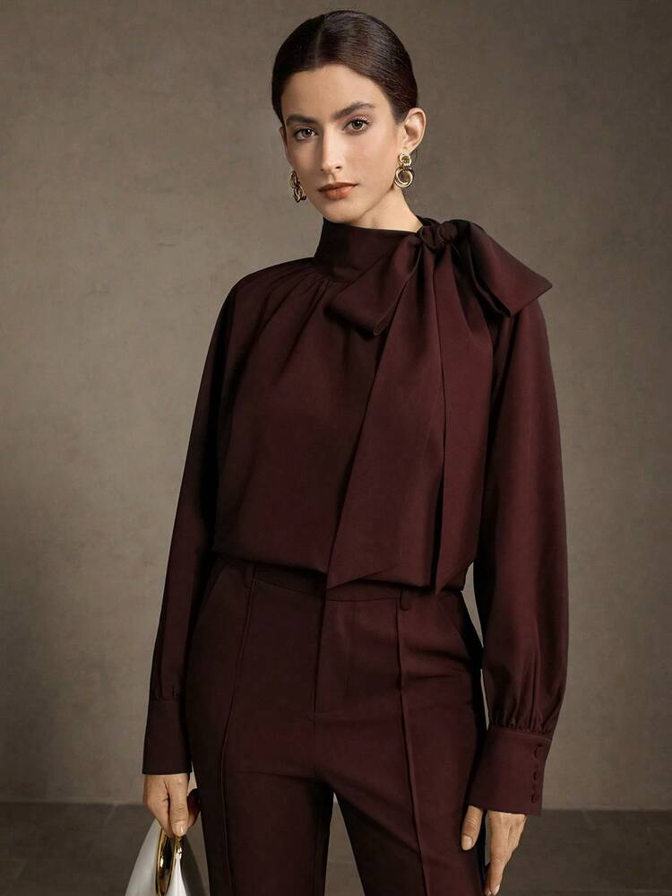 WOMEN OVERSIZED RUCHED TIE NECK BLOUSE