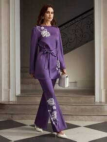 ZEYLAH Women's Bell Sleeve Top And Bell Bottom Pants Set - Purple - View 4