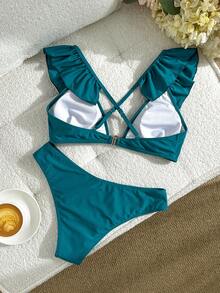 Swim Chiccia Bộ đồ bơi liền thân nữ màu trơn thanh lịch, dây đeo bèo nhún, khóa kim loại trang trí, cổ chữ V, hở lưng gợi cảm, bikini màu xanh ngọc mùa hè, đồ bơi bèo nhún, bộ bikini bèo nhún. - Màu xanh ngọc - Xem 3