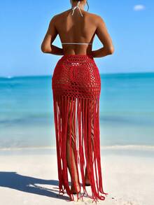 Swim Vcay 2025 Women's Solid Color Hollow Out Tassel Hem Cover Up & Mini Skirt Set - Red - View 2