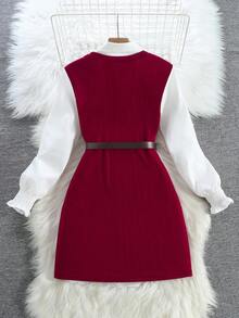 女士度假休闲优雅纹理针织背心搭配长袖翻领衬衫连衣裙两件套，适合日常穿着 - 酒紅色 - 查看 2