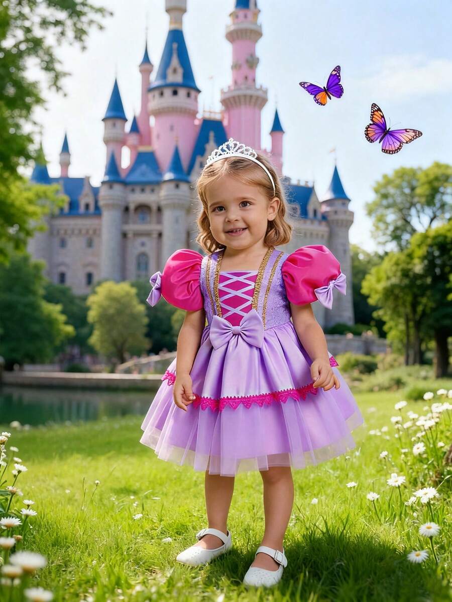 Glamorique Kids Baby Mädchen Farbblock Kleid mit floraler Stickerei, modisch für Geburtstagsfeiern, Abendveranstaltungen, Hochzeiten, Taufen, 1. Geburtstag - Violett - Übersicht 1