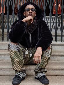 GALLERY FADE 男士长袖仿毛皮连帽拉链外套，优雅外套，适合约会、拍照、休闲穿着，秋冬季款 - 黑色 - 查看 6