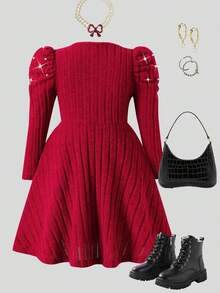 Elladie kids 年轻女孩时尚红色柔软罗纹圆领串珠泡泡袖收腰 V 领串珠 A 字连衣裙，适合新年、派对、春秋、冬季、圣诞节