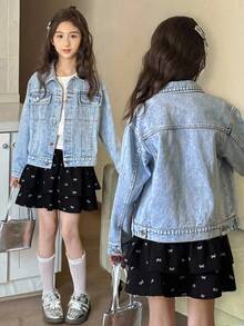 SHEIN 复古水洗少女休闲宽松百搭牛仔夹克和外套，可爱贴袋设计，百搭日常穿着