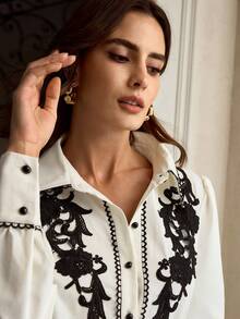 ZEYLAH White Blouse With Black Floral Lace Trim, Suitable For Commuting - Beige - View 3