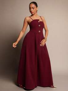 Vixey 吊带金色纽扣褶裥超宽腿连体裤 - 酒紅色 - 查看 4