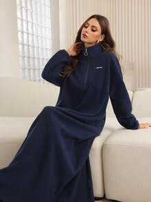 Mulvari 宽松海军蓝半拉链高领女士冬季连衣裙 - 藏蓝色 - 查看 6