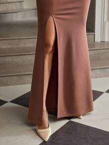 ZEYLAH Women's Romantic Elegant Elegant Simple Solid Color High Slit Fishtail Hem Skirt - Pink - View 5