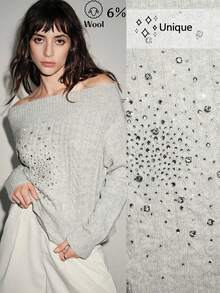 Lumivelle Women's Sexy Off-Shoulder Rhinestone Pullover Sweater, Elegant Knit Top - Grey - View 1