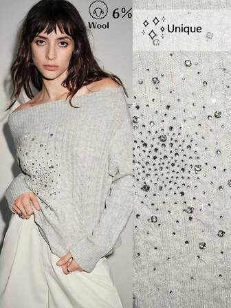 Lumivelle Women's Sexy Off-Shoulder Rhinestone Pullover Sweater, Elegant Knit Top