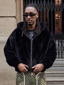 GALLERY FADE 男士长袖仿毛皮连帽拉链外套，优雅外套，适合约会、拍照、休闲穿着，秋冬季款 - 黑色 - 查看 5