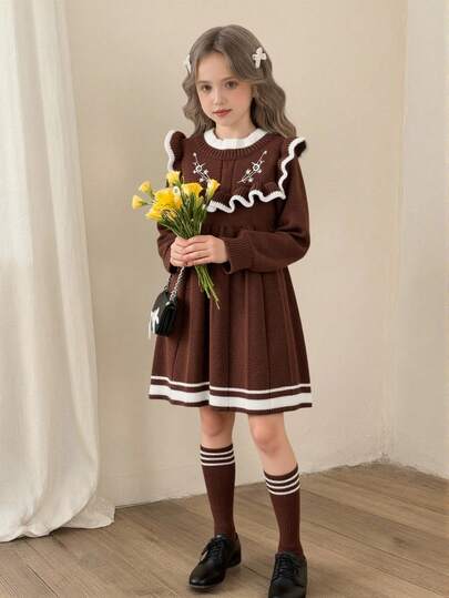 SHEIN Vintaside Kids 女童针织毛衣裙，荷叶边领，刺绣花卉装饰，长袖，休闲优雅，适合秋冬季