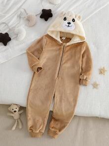 Young BoyAutumn/Winter Bear Embroidery Graphic Khaki Minimalist Plush Hooded Long Sleeve Jumpsuit Pajamas, Home Wear - Khaki - View 3