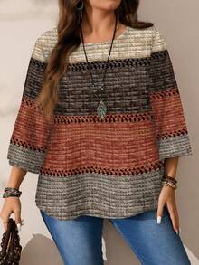 EMERY ROSE Áo sơ mi kẻ sọc cổ tròn tay 3/4 in họa tiết khối màu cỡ lớn dành cho nữ, mùa thu/đông - Nhiều màu - Xem 7