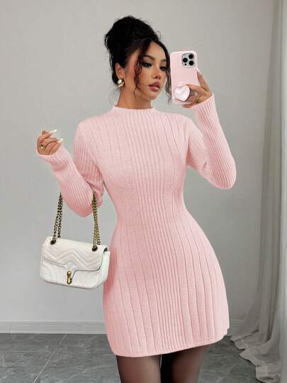 Elenzga Vestido ajustado de línea A de manga larga con cuello alto acanalado, que estiliza y ciñe la cintura para mujeres