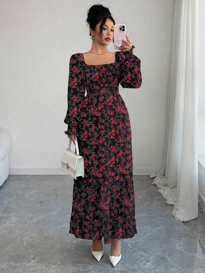 SHEIN Clasi 满版花卉印花方领灯笼袖长裙女装