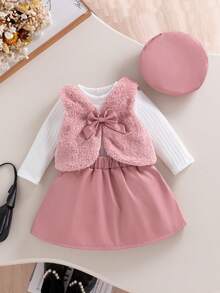 SHEIN 3件套幼儿女孩优雅甜美毛绒裙、贝雷帽，秋冬 - 粉色 - 查看 3